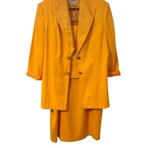 Designer Embellished Lapel Blazer Suit in Marigold